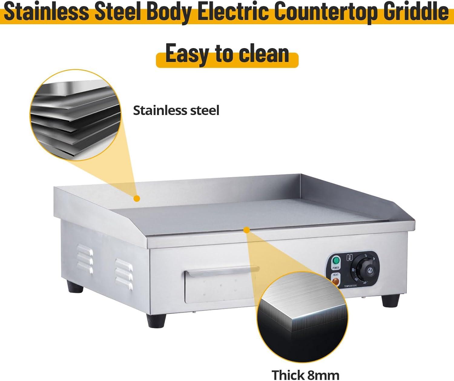 Commercial Electric Griddle with Adjustable Thermostatic Control 122°F-572°F Electric Countertop Flat Top Griddle 110V 60HZ Non-Stick  Teppanyaki Stainless Steel Grill for Home Restaurant