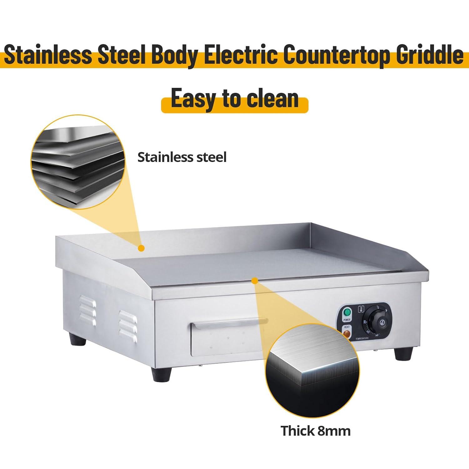 Commercial Electric Griddle with Adjustable Thermostatic Control 122°F-572°F Electric Countertop Flat Top Griddle 110V 60HZ Non-Stick  Teppanyaki Stainless Steel Grill for Home Restaurant