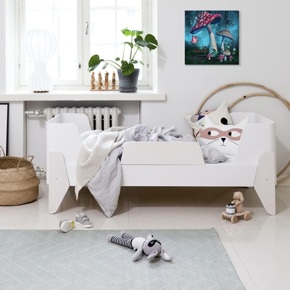 Magical Forest Wall Art Fantasy Mushroom Wall Decor Nature Landscape Plant Picture Butterflies Canvas Print Nursery Decor Fairytale Theme Wall Painting for Home Kids Bedroom Dorm Decoration 12"x12"