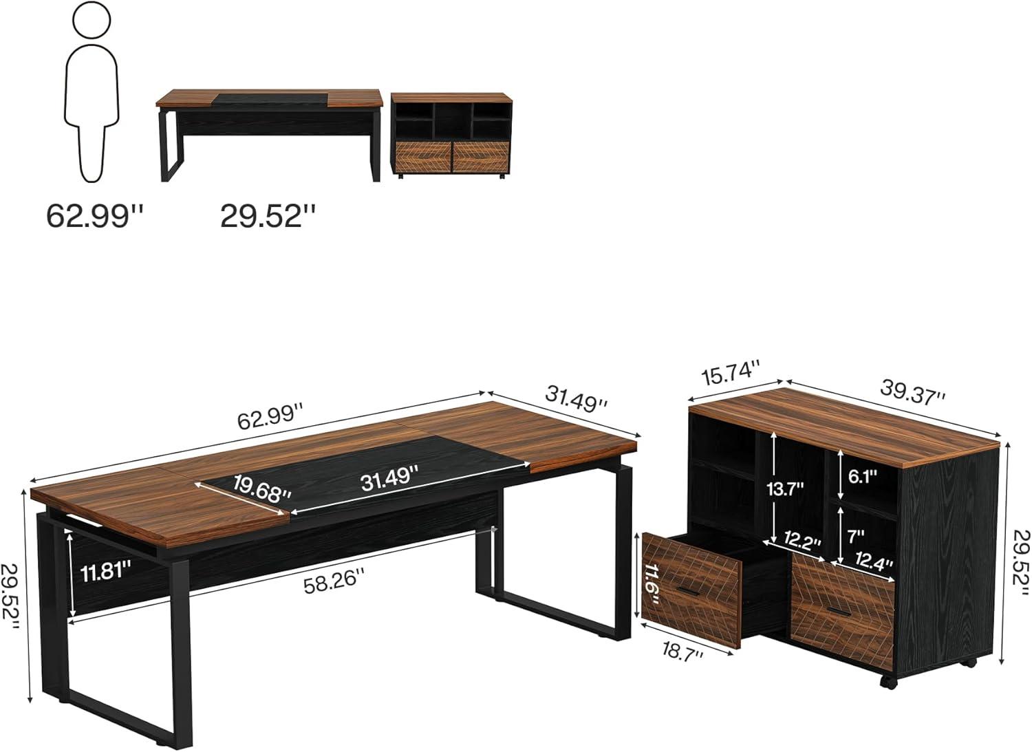 Tribesigns 63" Large Executive Desk L Shaped Computer Desk with File Storage Cabinet, Brown and Black