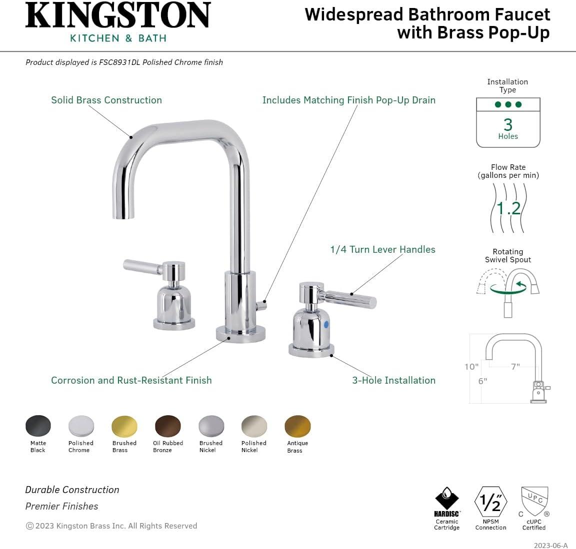 Kingston Brass Concord Two-Handle 3-Hole Deck Mount Widespread Bathroom Faucet with Brass Pop-Up Drain