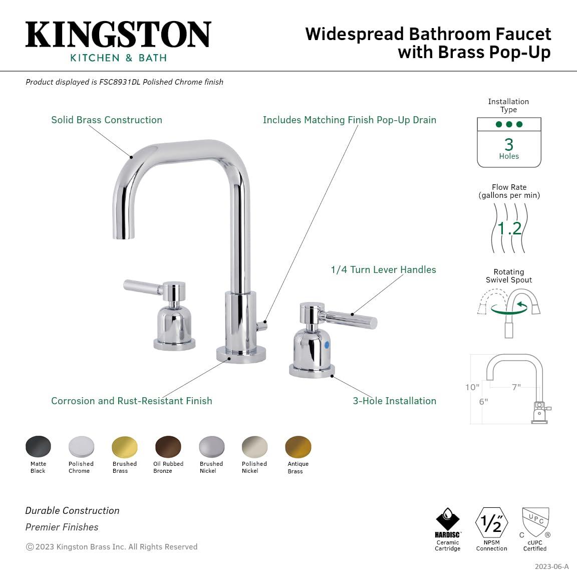 Kingston Brass Concord Two-Handle 3-Hole Deck Mount Widespread Bathroom Faucet with Brass Pop-Up Drain