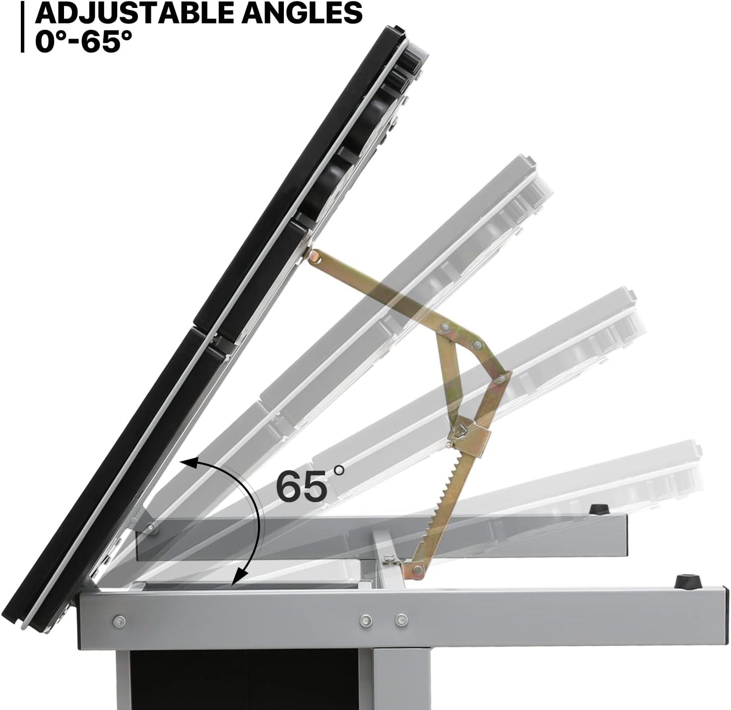 LIQI Drafting Table on Wheels with Storage & Side Tray - Adjustable 0-65° Glass Tabletop, Replaceable Feet Art Desk