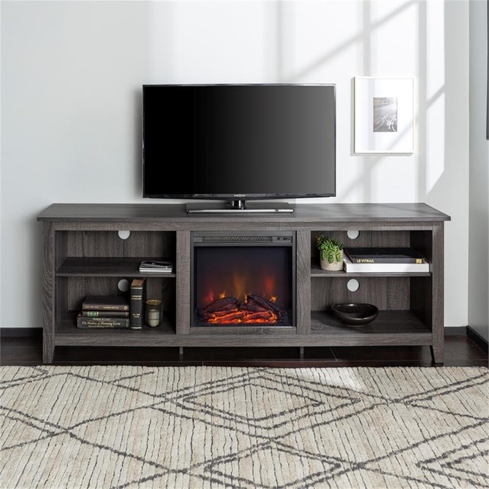 we furniture 70" wood media tv stand console with fireplace - charcoal