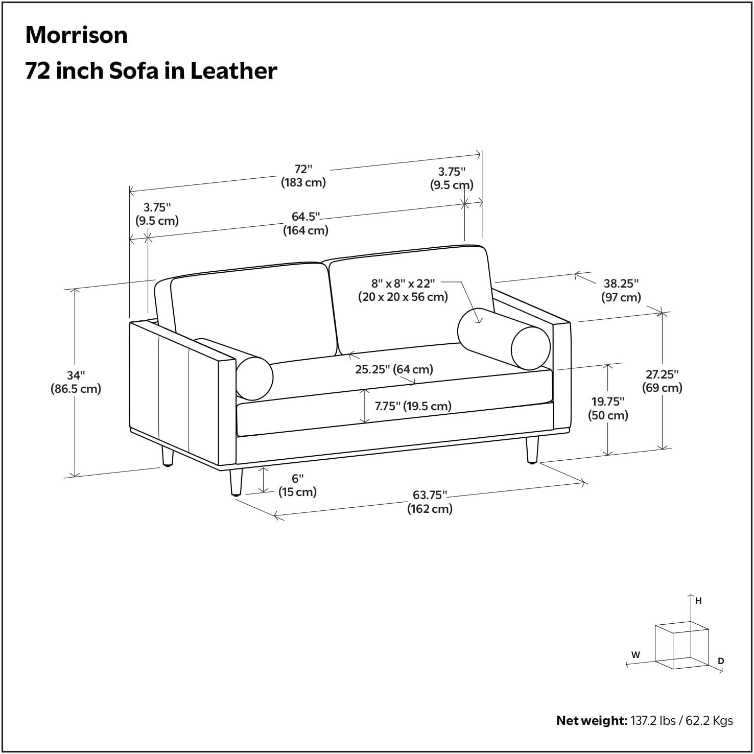 Simpli Home Morrison Genuine Leather Sofa, Mid-Century Modern Couch for Living Room, Handcrafted with Removable Cushions