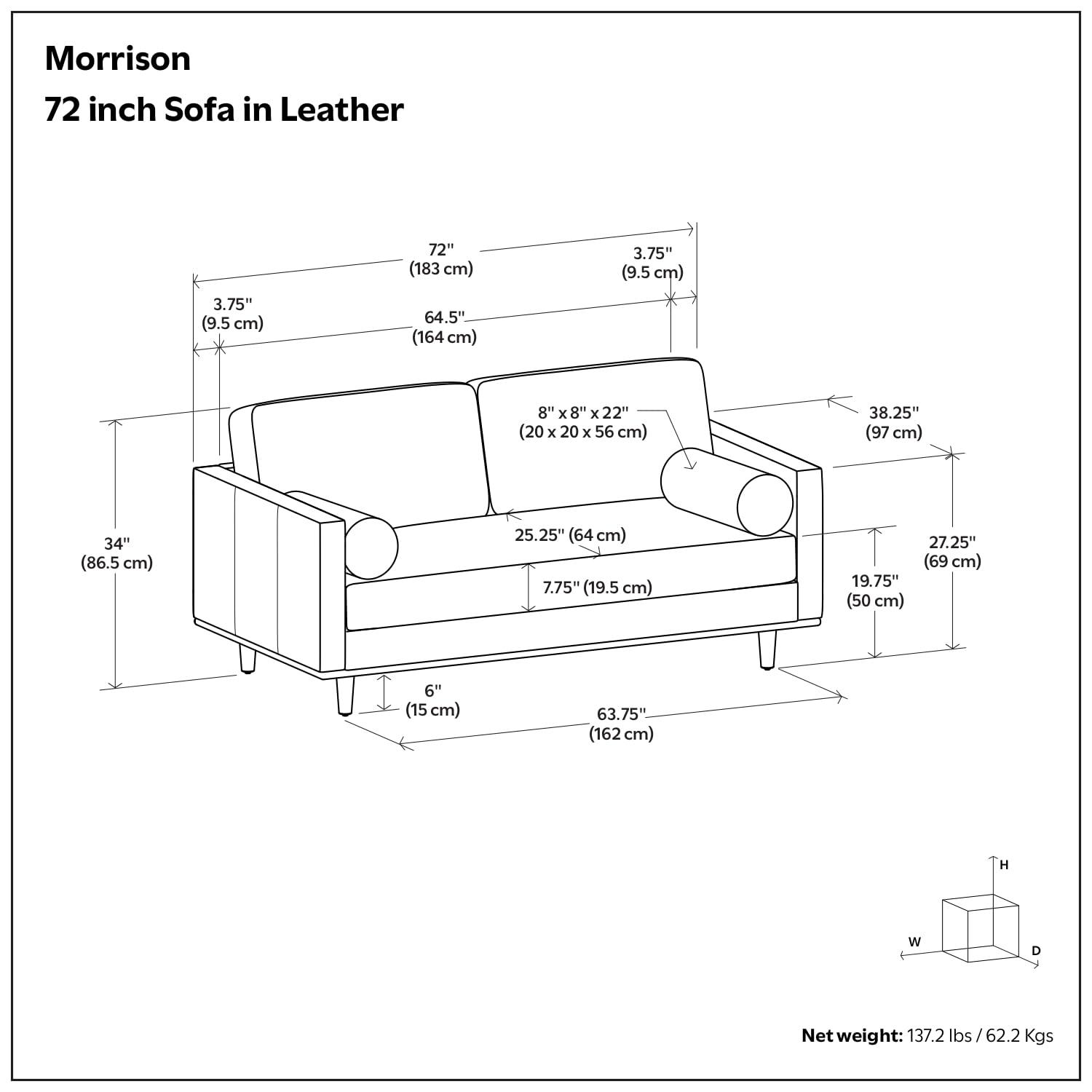 Simpli Home Morrison Genuine Leather Sofa, Mid-Century Modern Couch for Living Room, Handcrafted with Removable Cushions