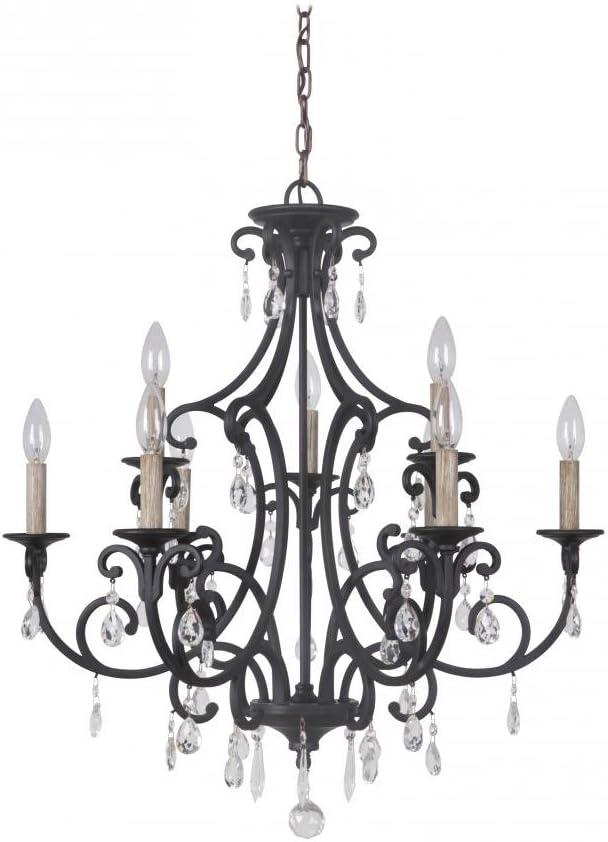 Matte Black 9-Light Wrought Iron Chandelier with Crystal Accents