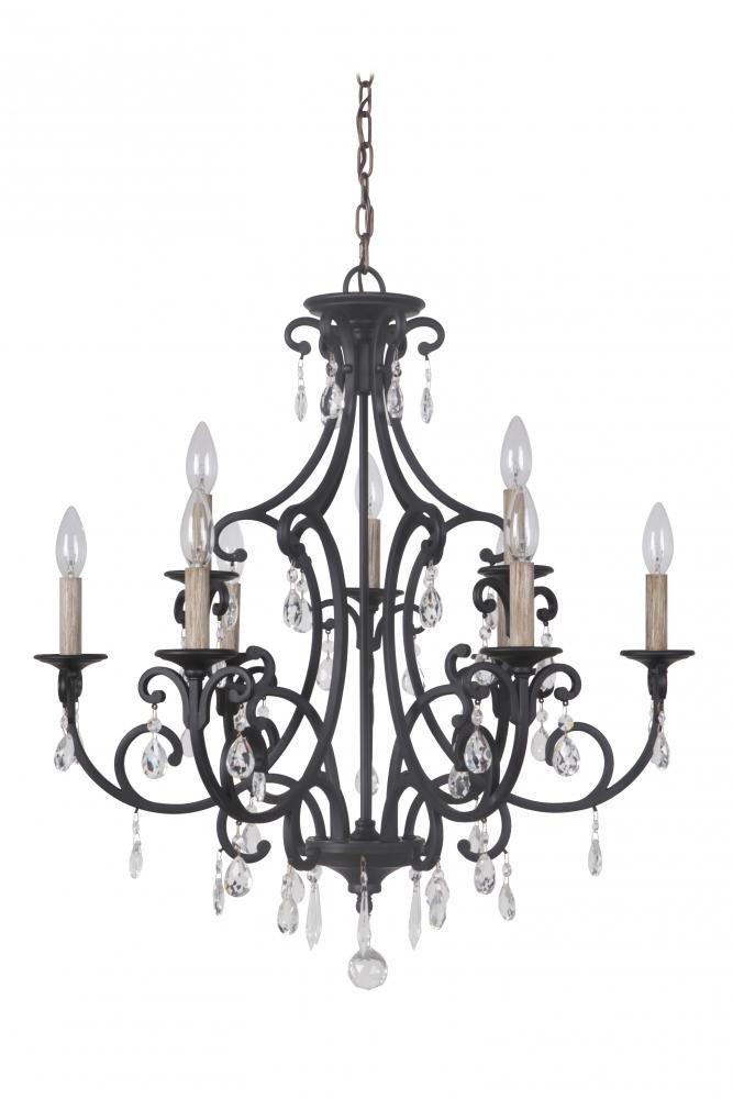 Matte Black 9-Light Wrought Iron Chandelier with Crystal Accents