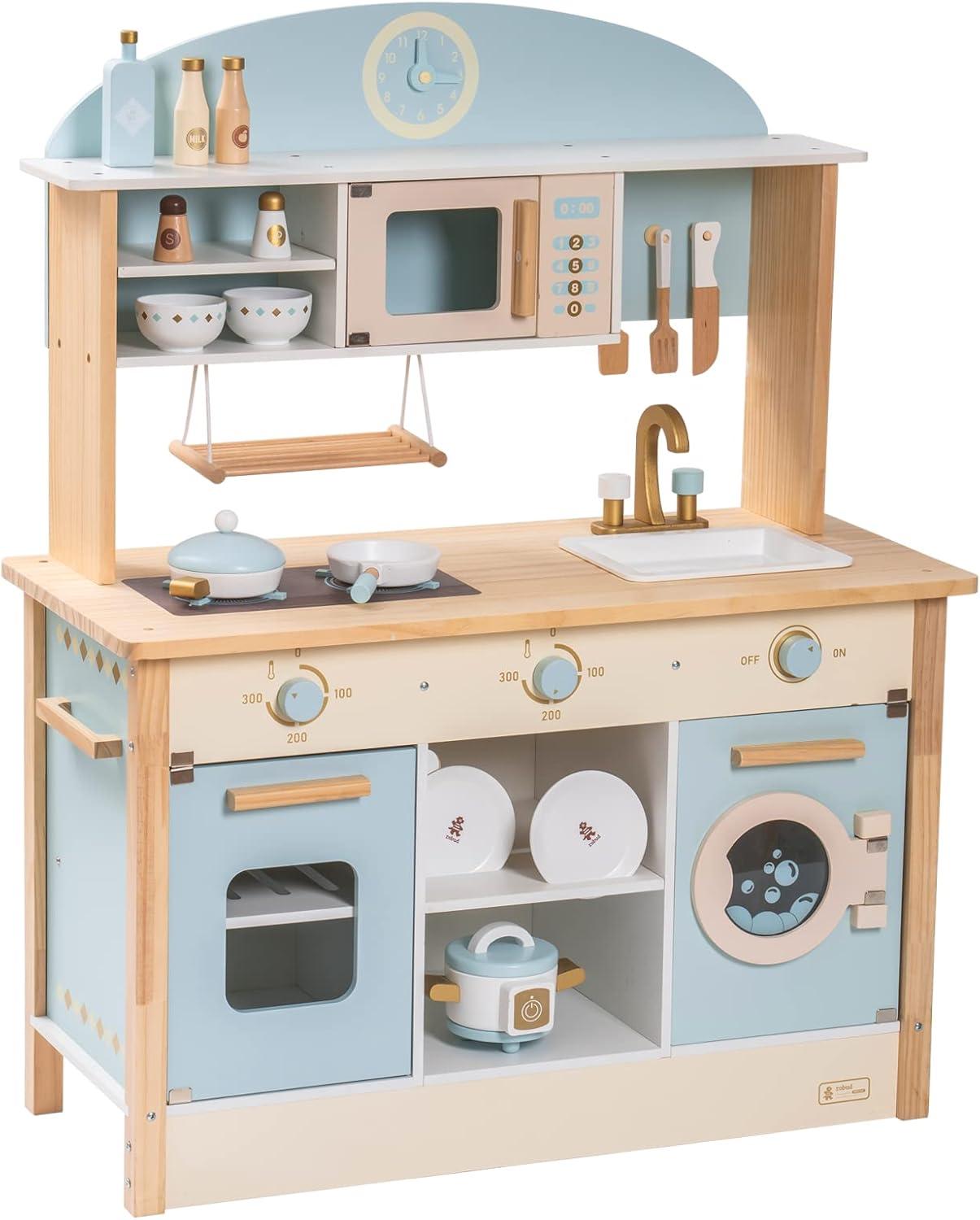 ROBUD Solid Wood Play Kitchen & Accessories Set, Preschool Kitchen Set, Kids Kitchen Playset