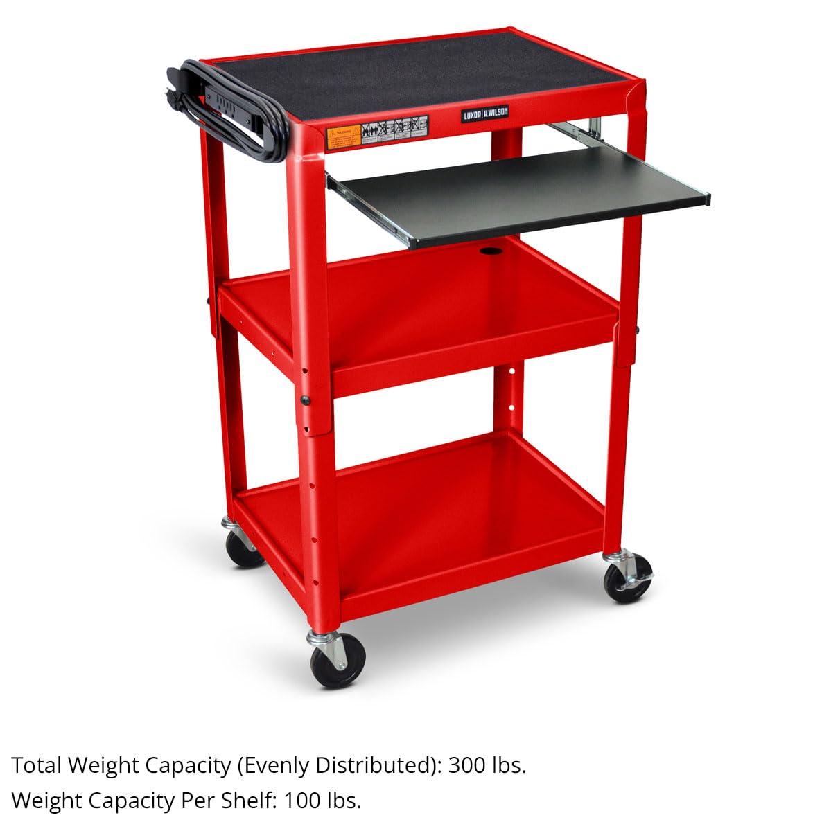 Red Adjustable Height Steel AV Cart with Pullout Keyboard Tray