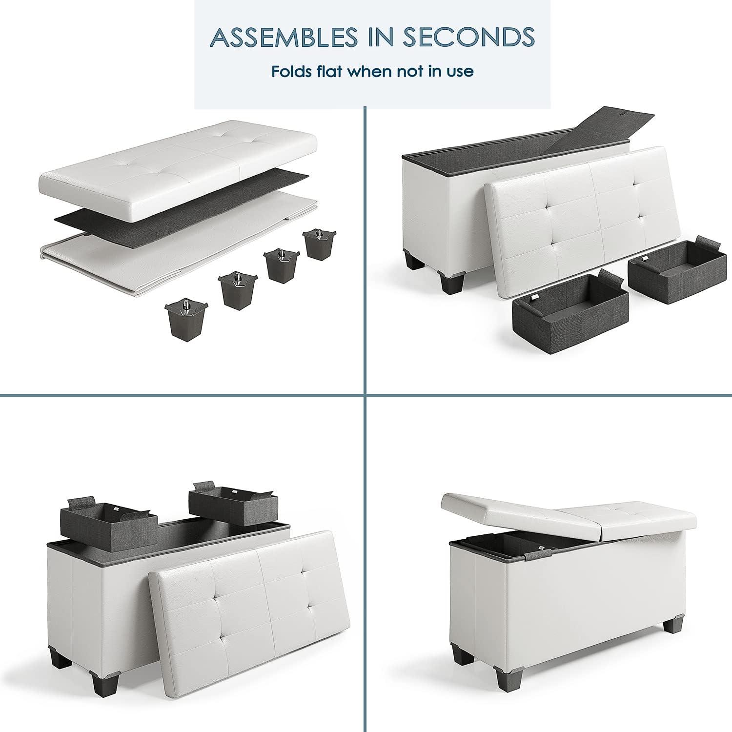 Storage Ottoman Bench with Storage Bins, 30-In Storage Bench for Bedroom End of Bed, Folding Foot Rest Ottoman with Storage for Living Room, Storage Chest Max 660lbs, Faux Leather Ottoman, White