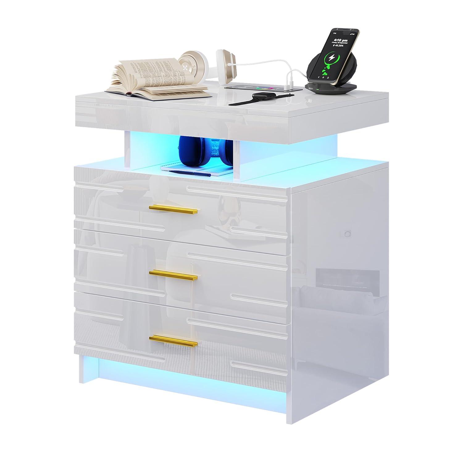 HNEBC Smart LED Nightstand with Wireless Charging & USB Ports, High Glossy Night Stand with 3 Drawers and 1 Pull-Out Tray, Modern Bedside Table with Human Sensor for Bedroom (White)