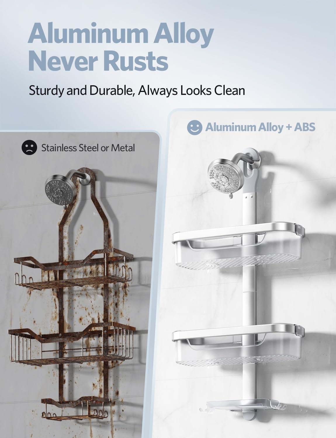 Rebrilliant Adjustable-Shower-Caddy-Hanging, Rust Proof Shower Hanging Organizer, 3-Tier Aluminum Alloy + ABS, Large Capacity Shower Caddy Over-The-Showerhead With Hooks, Razor Holder, Soap Dish