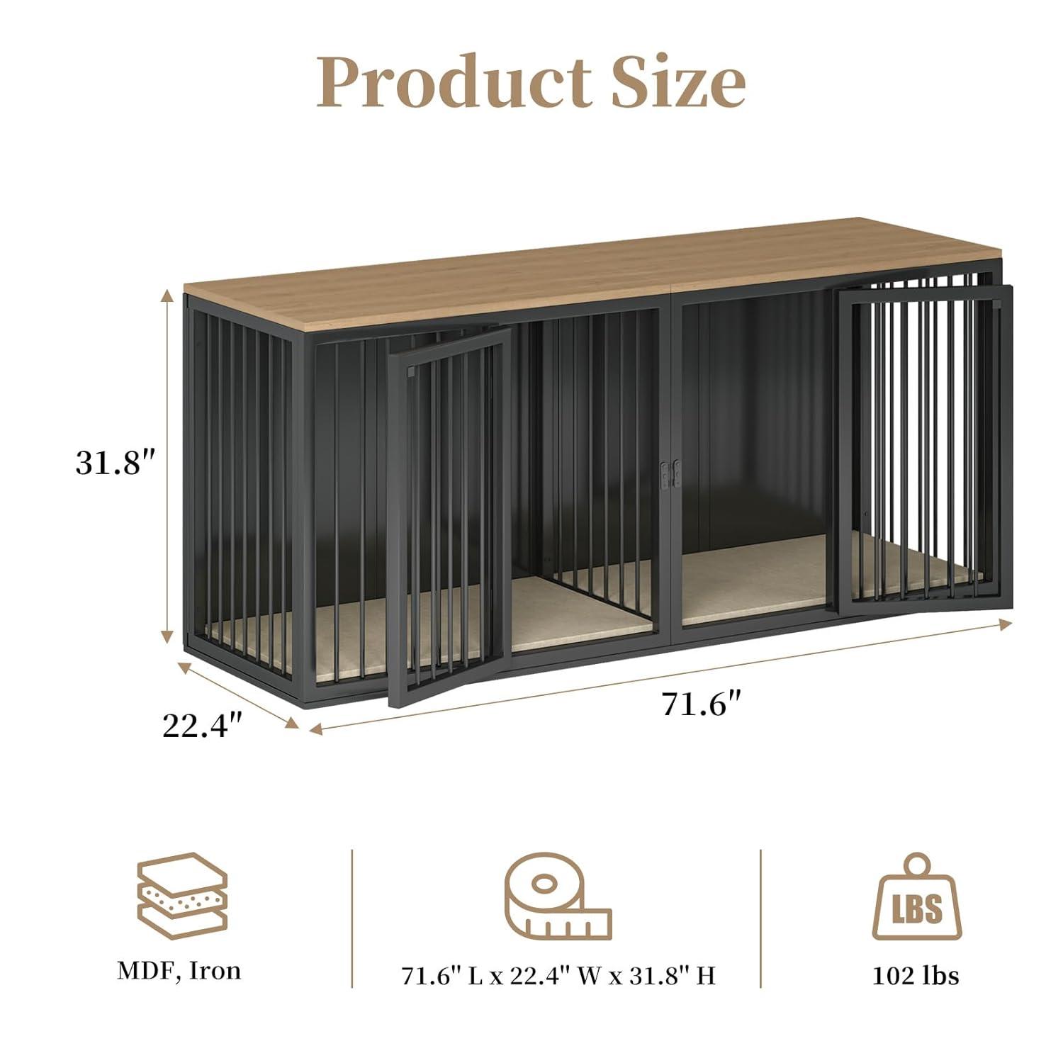Tucker Murphy Pet™ Large Dog Crate Furniture for 2 Dogs, 71.6'' Steel Frame Dog Crate with Double Doors, Heavy Sturdy Dog Kennel