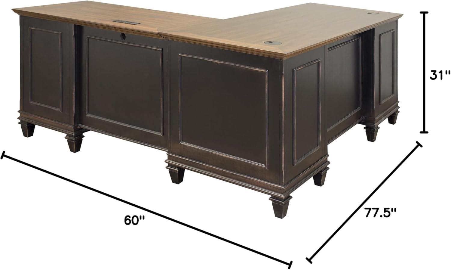 Martin Furniture Hartford L Shaped Pedestal Desk Brown: Executive Office Workstation with Metal Hardware