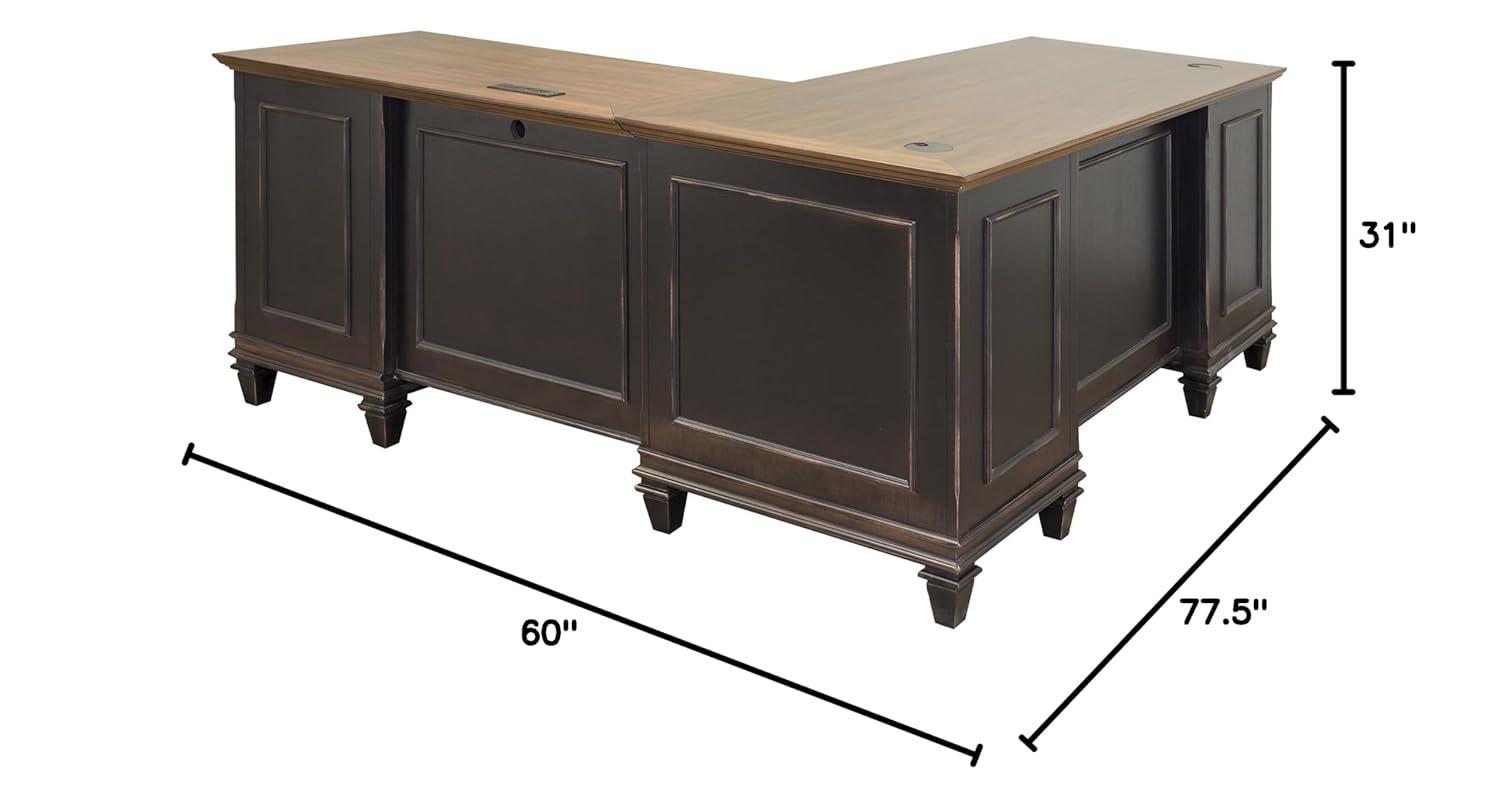 Martin Furniture Hartford L Shaped Pedestal Desk Brown: Executive Office Workstation with Metal Hardware