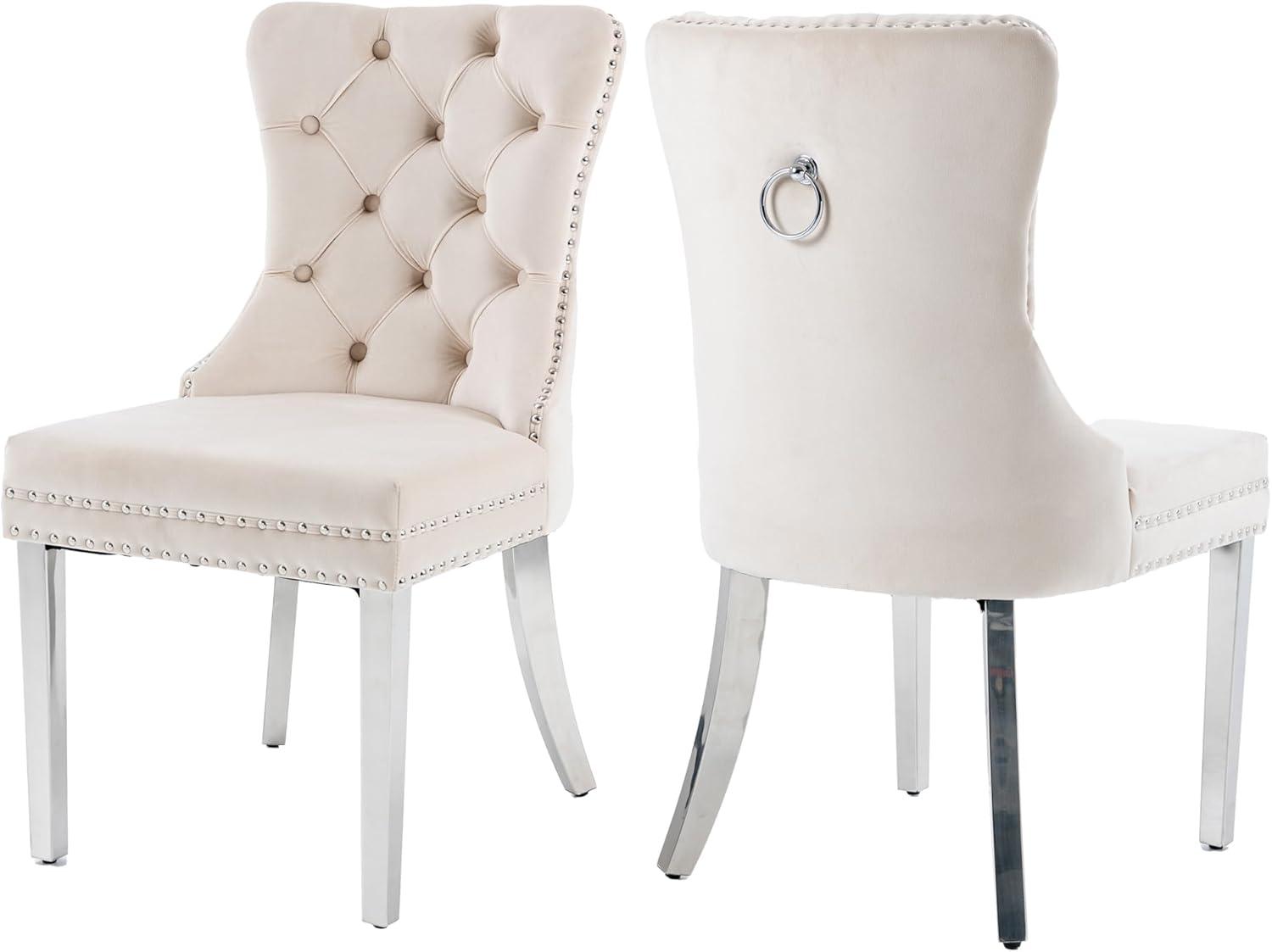 BELLEZE Upholstered Dining Chairs Set of 2, Velvet Luxury Dining Room Chairs with Button Back, Nailhead Trim, Pull-ring, Solid Wood Legs for Kitchen, Living Room, Restaurant - Chandler (Beige)