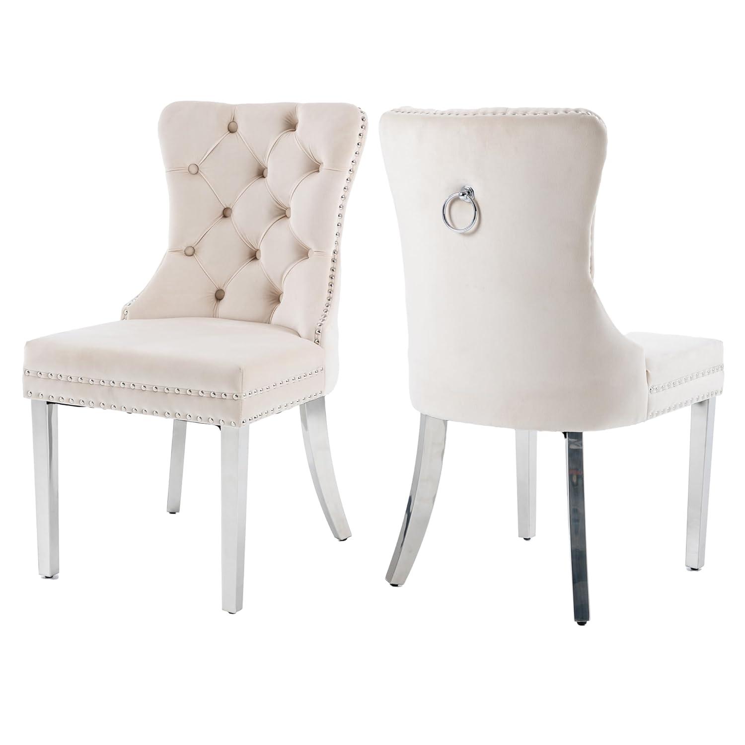 BELLEZE Upholstered Dining Chairs Set of 2, Velvet Luxury Dining Room Chairs with Button Back, Nailhead Trim, Pull-ring, Solid Wood Legs for Kitchen, Living Room, Restaurant - Chandler (Beige)