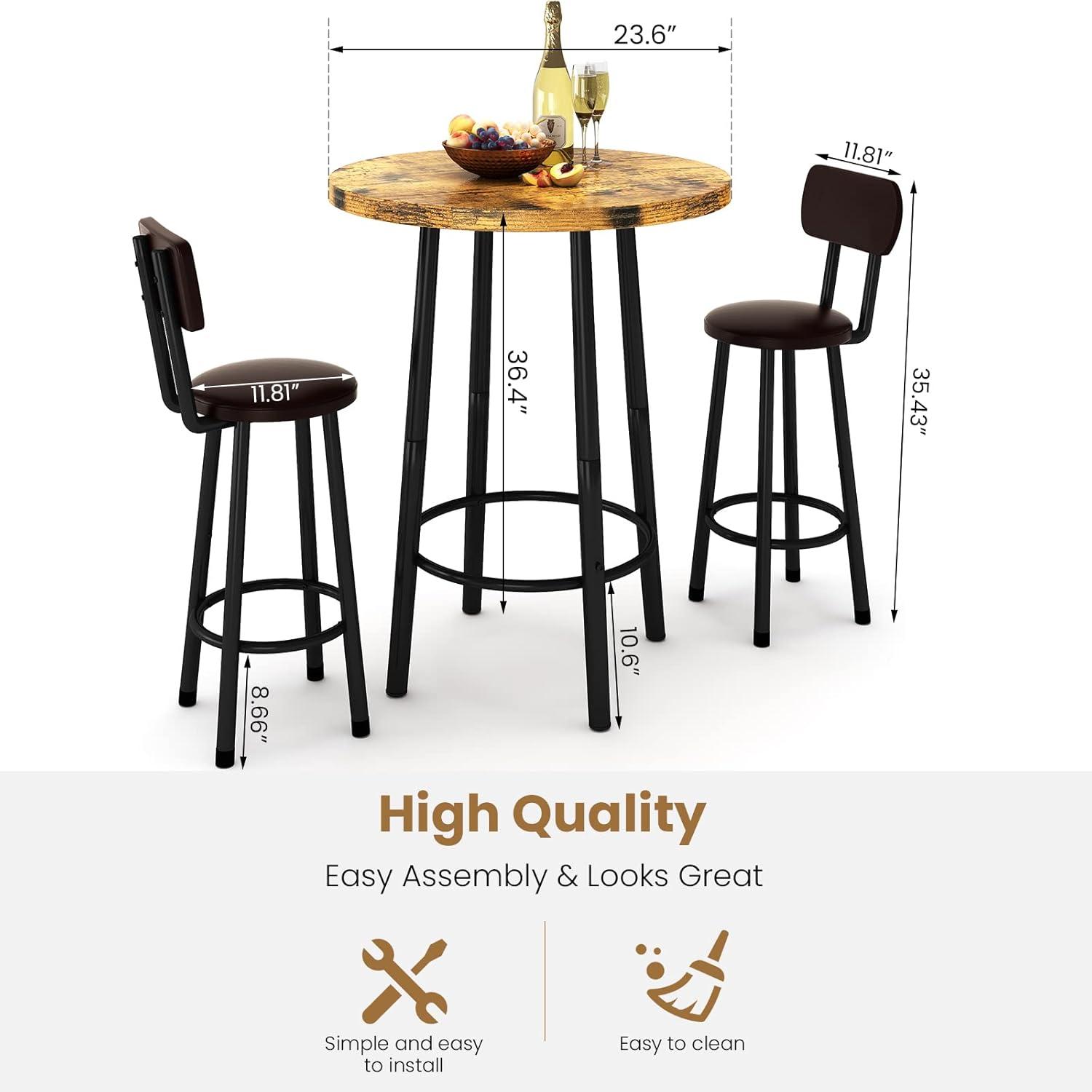 Recaceik 3 Piece Pub Dining Set, Modern Round bar Table and Stools for 2 Kitchen Counter Height Wood Top Bistro Easy Assemble for Breakfast Nook Living Room Small Space Restaurant, Rustic Brown