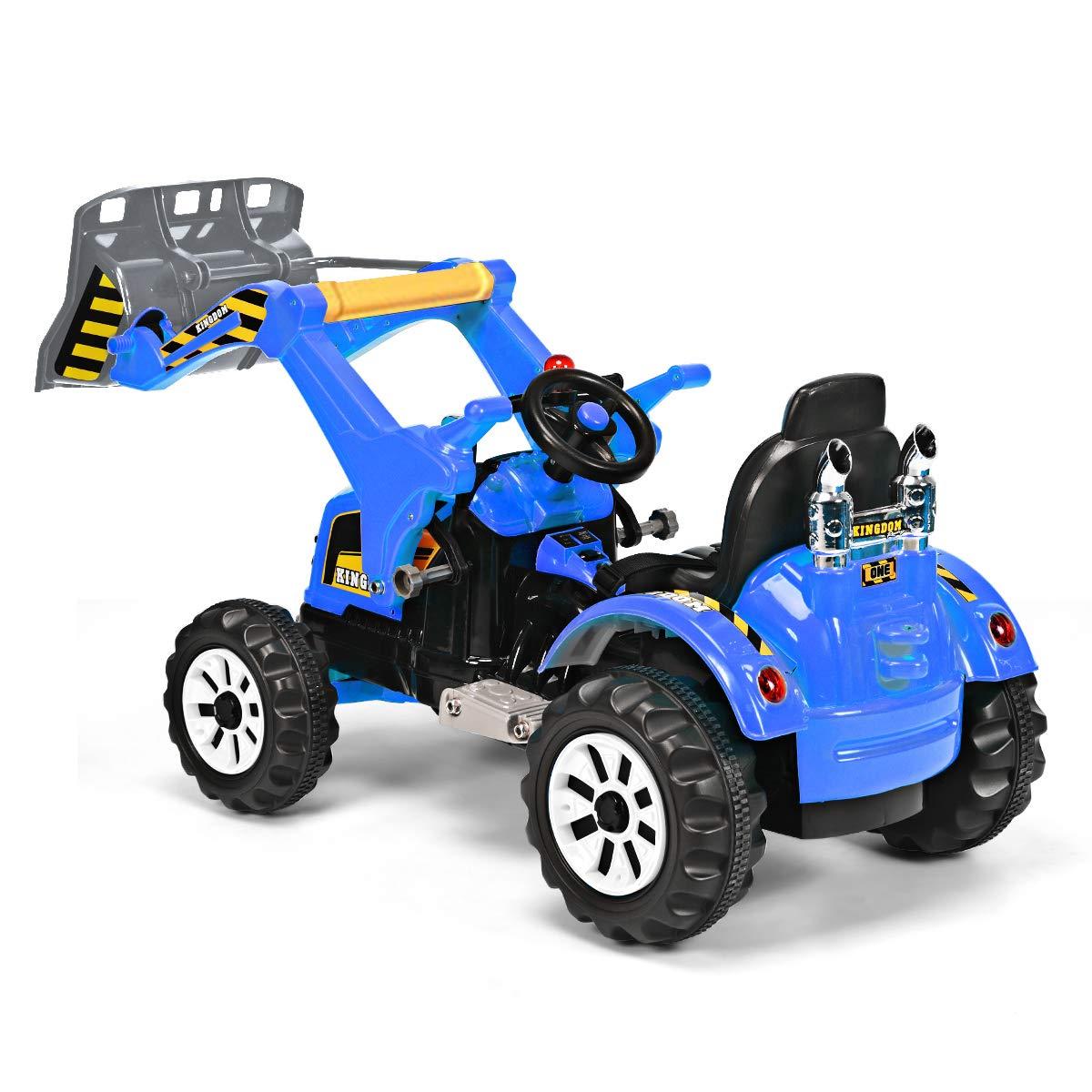 HONEY JOY Ride on Excavator, 12V Battery Powered Construction Vehicles for Kids, Front Loader Shovel w/Horn, 2 Speeds, Forward/Backward, Safety Belt, Kids Bulldozer for Boys Girls(Blue)