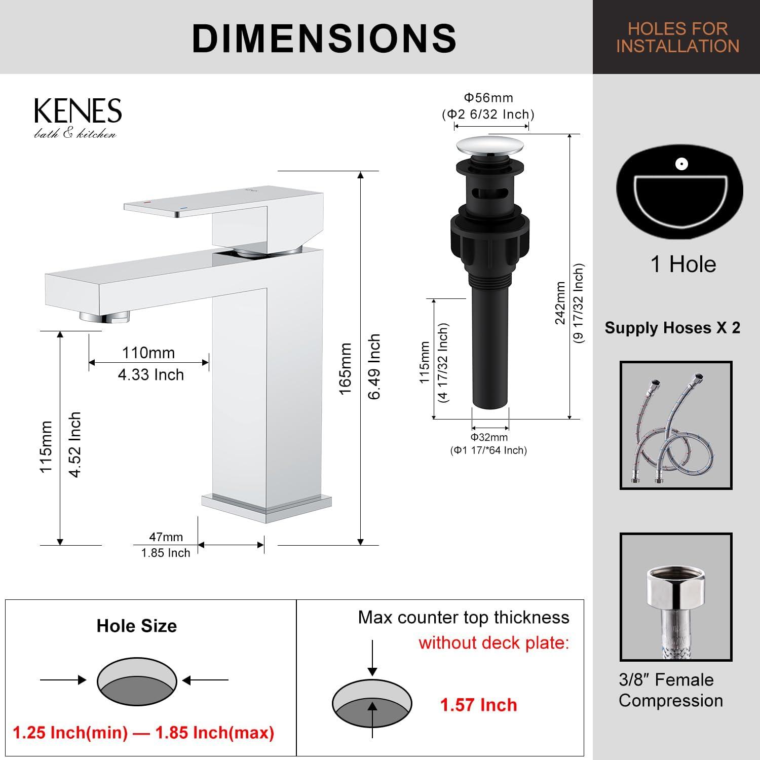 KENES Chrome Bathroom Faucet Single Handle Bathroom Sink Faucet Lavatory Vanity Faucet with Pop Up Drain & Water Supply Lines LJ-9031-5