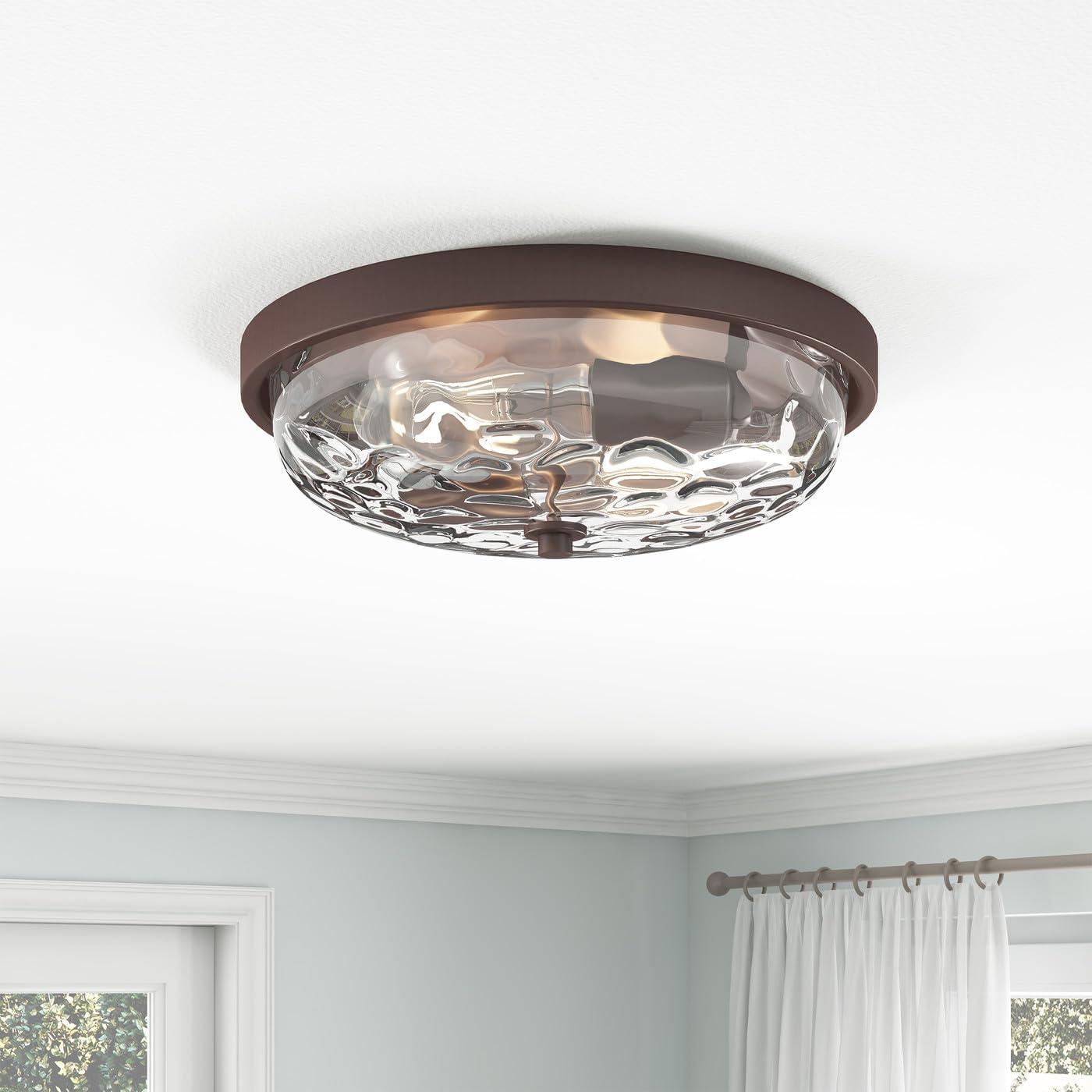 Aiwen Modern 12.99 in 2 Light Close to Ceiling Lights Farmhouse Oil Rubbed Bronze Flush Mount Ceiling Light Fixture with Water Ripple Glass Shade for Bedroom Hallway E26