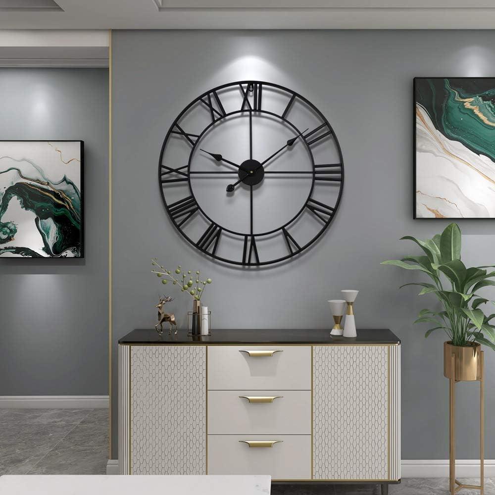 Large Vintage Round Metal Wall Clock Silent Non Ticking Battery Operated Black Roman Numerals Clocks For Living Room Bedroom Kitchen Decoration