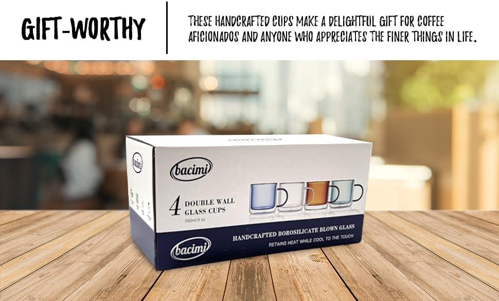 bacimi Bacimi Double Wall Insulated Coffee Mugs (set Of 4 / 9oz) - Clear Borosilicate Mug With Handle - Thermal Drinking Cups For Espresso, Cappuccino, Latte, Tea (Set of 4)