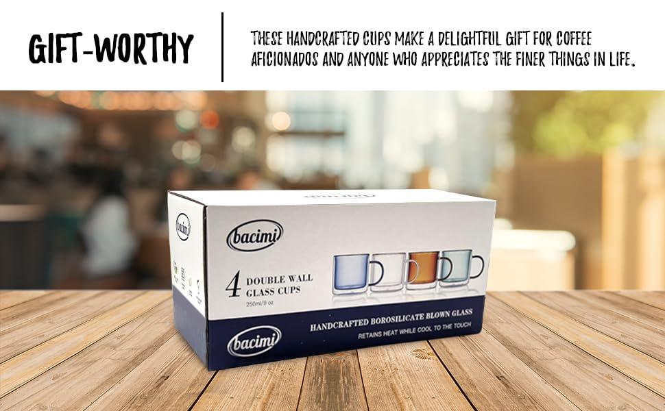 bacimi Bacimi Double Wall Insulated Coffee Mugs (set Of 4 / 9oz) - Clear Borosilicate Mug With Handle - Thermal Drinking Cups For Espresso, Cappuccino, Latte, Tea (Set of 4)