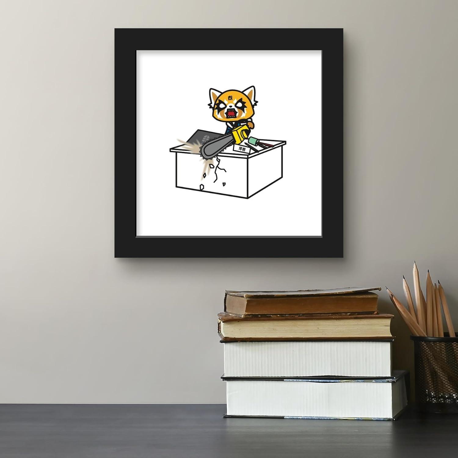 Gallery Pops Sanrio Aggretsuko - Retsuko Desk Chainsaw Wall Art, Black Framed Version, 12" x 12"