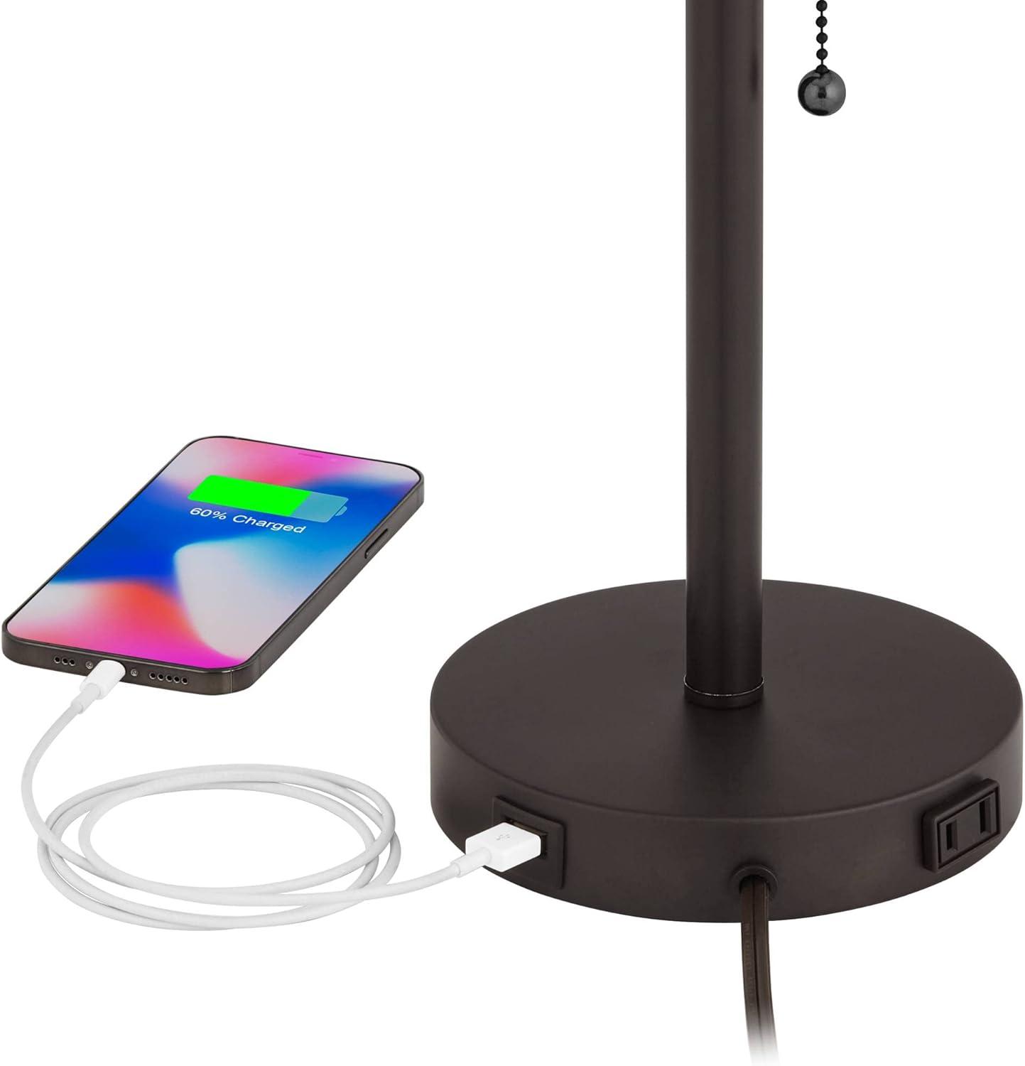 360 Lighting Modern Desk Table Lamp with Hotel Style USB and AC Power Outlet in Base 20" High Bronze Metal Oatmeal Drum Shade for Bedroom Office