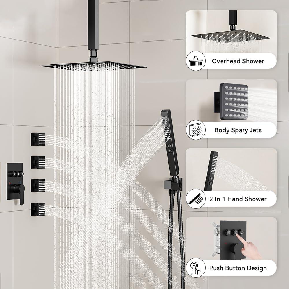 Revitalize 3-Function 12 Inch Wall Mount Rainfall Thermostatic Shower System with 6 Body Jets