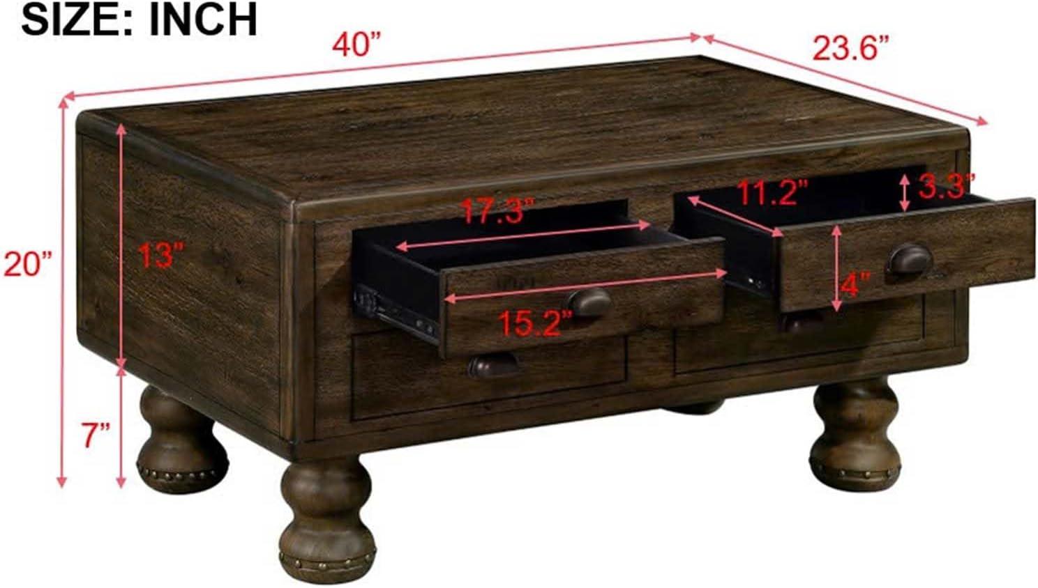 Solid Wood Rectangle Coffee Table For Living Room, 40-Inch Antique Coffee Table With 4 Drawers, Wood Center Table Tea Table With Rivet Decoration Legs.Easy Assembly, Espresso
