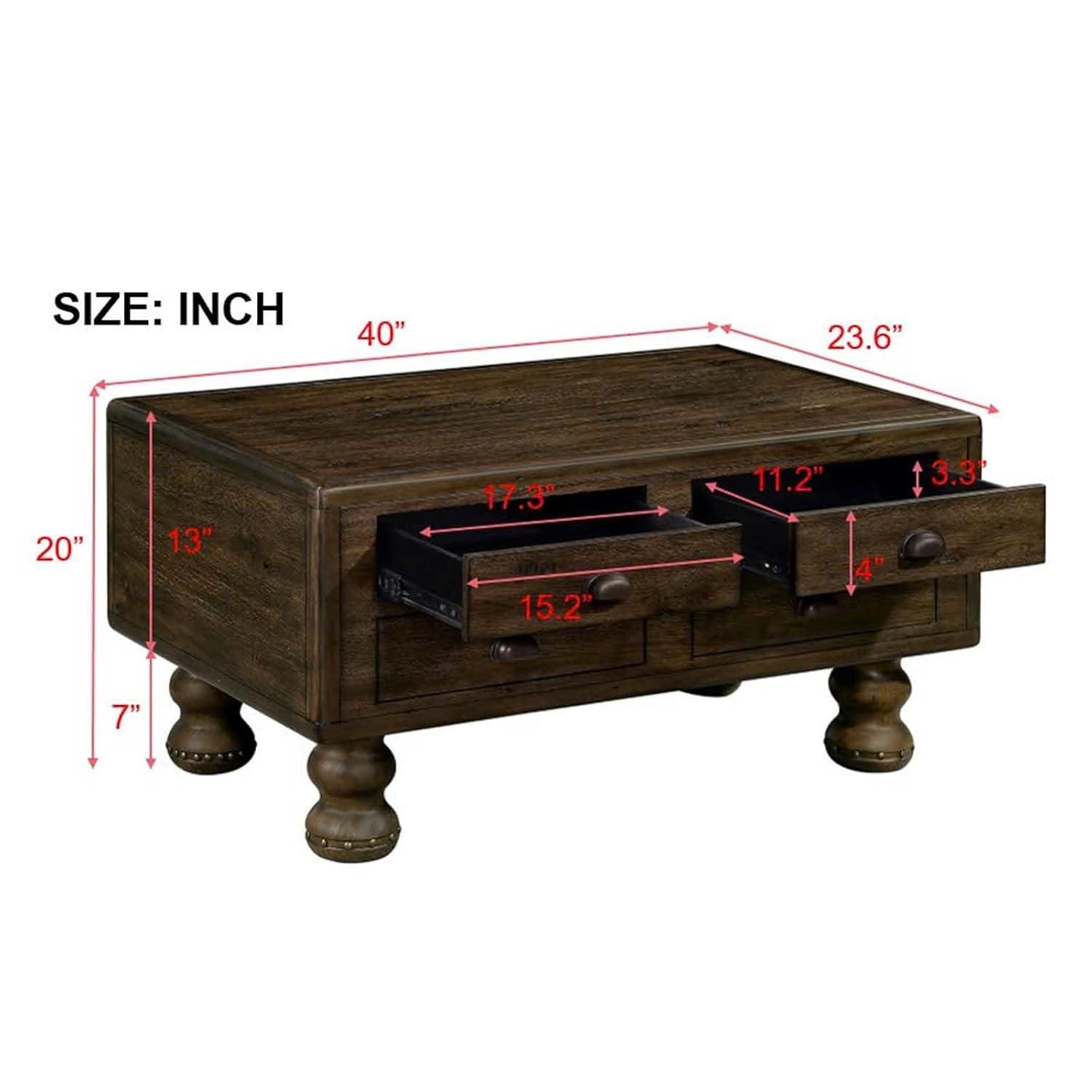 Solid Wood Rectangle Coffee Table For Living Room, 40-Inch Antique Coffee Table With 4 Drawers, Wood Center Table Tea Table With Rivet Decoration Legs.Easy Assembly, Espresso