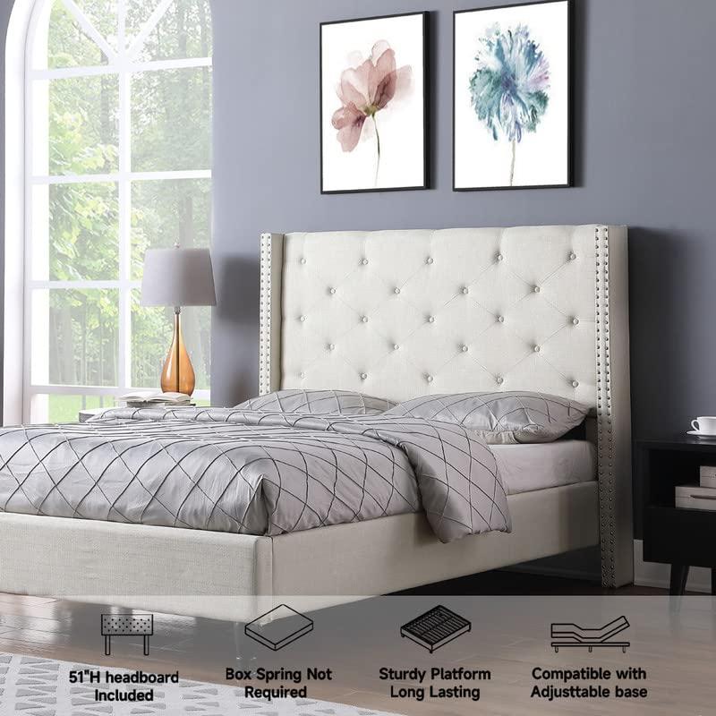 Oliver and Smith Full Upholstered Platform Bed Frame Light Beige - 51 Inch Tall Button Tufted Headboard - Soft Linen Fabric Wood Slats - Modern Fabric Design - Easy Assembly (ASTOR)