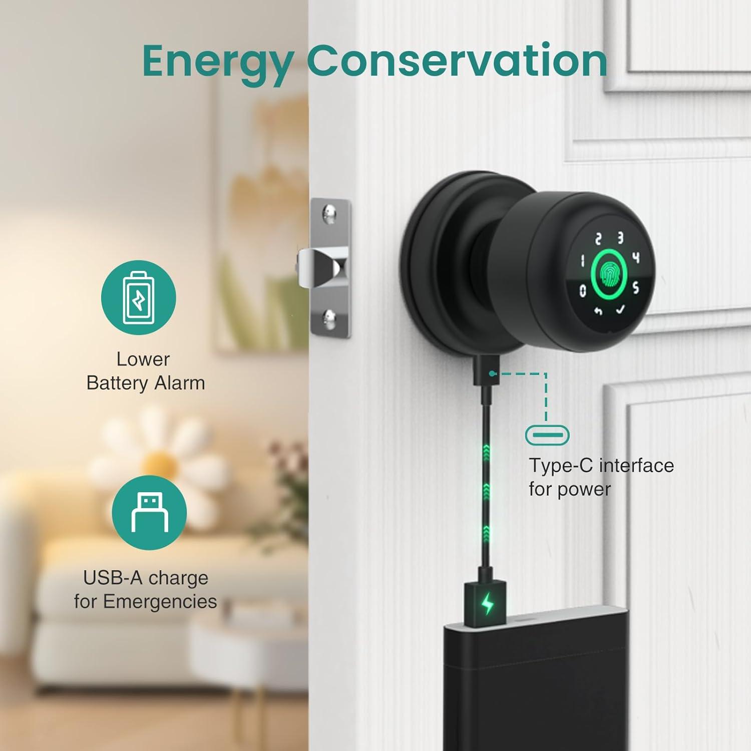 GHome 4 in 1 Smart Fingerprint Door Knob with Keypad Door Lock, Biometric Smart Door Knobs & App Control, Keyless Entry Door Lock Great for Home, Bedroom, Apartment Offices, Garages