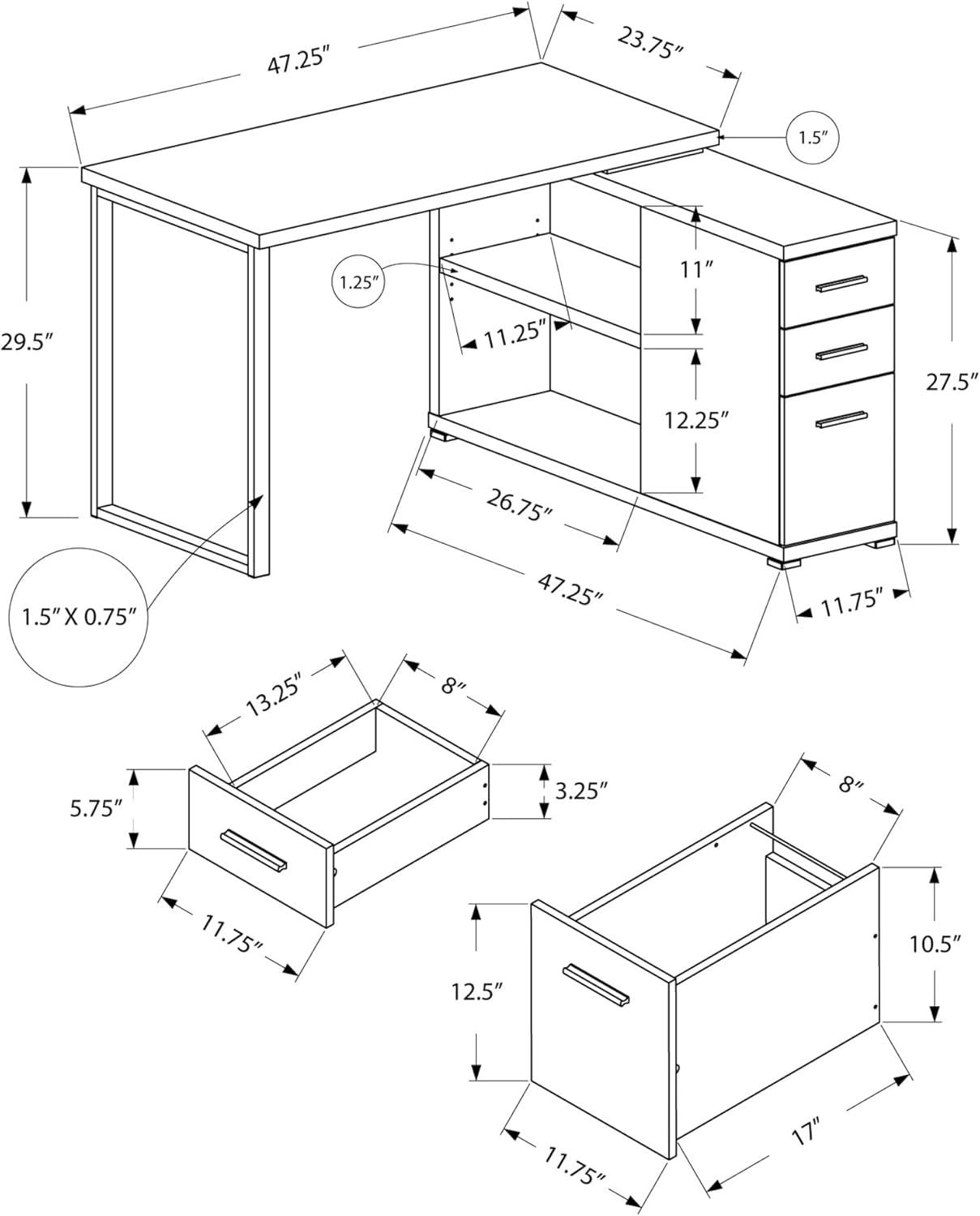 Monarch Specialties Computer Desk Home Office Corner Left Right Set-Up Storage Drawers L Shape  Metal Laminate Black Grey Contemporary Modern