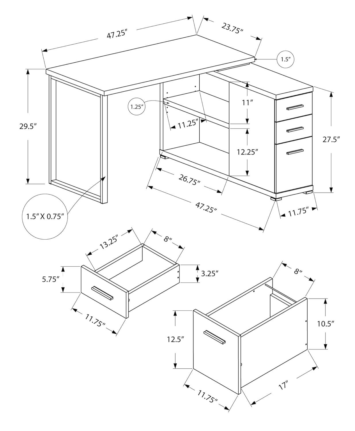 Monarch Specialties Computer Desk Home Office Corner Left Right Set-Up Storage Drawers L Shape  Metal Laminate Black Grey Contemporary Modern