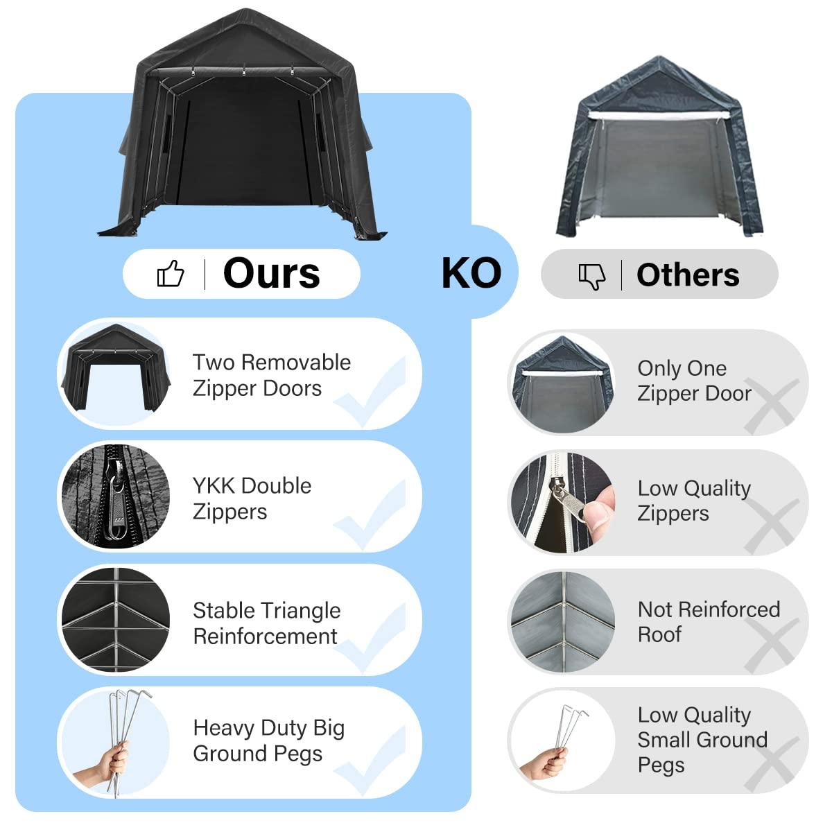 ADVANCE OUTDOOR 10x15 ft Outdoor Storage Shelter Shed with 2 Roll up Zipper Doors & Vents Peak Roof Carport for Motorcycle Waterproof and UV Resistant Anti-Snow, Gray