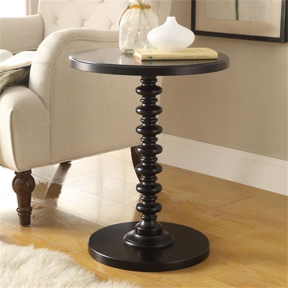 17 Inch Round Wood Side Table, Turned Support, Walnut Brown- Saltoro Sherpi