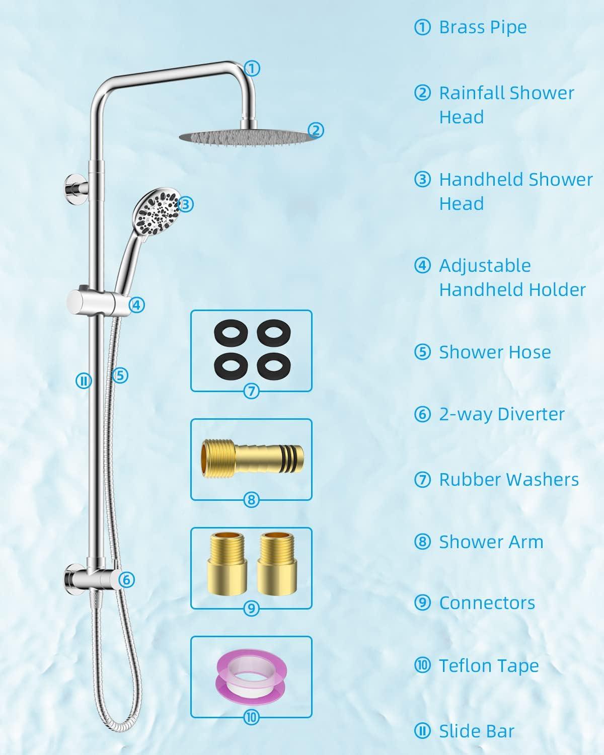 All Metal High Pressure Rainfall Shower Head System, Handheld Shower Combo with Slide Bar