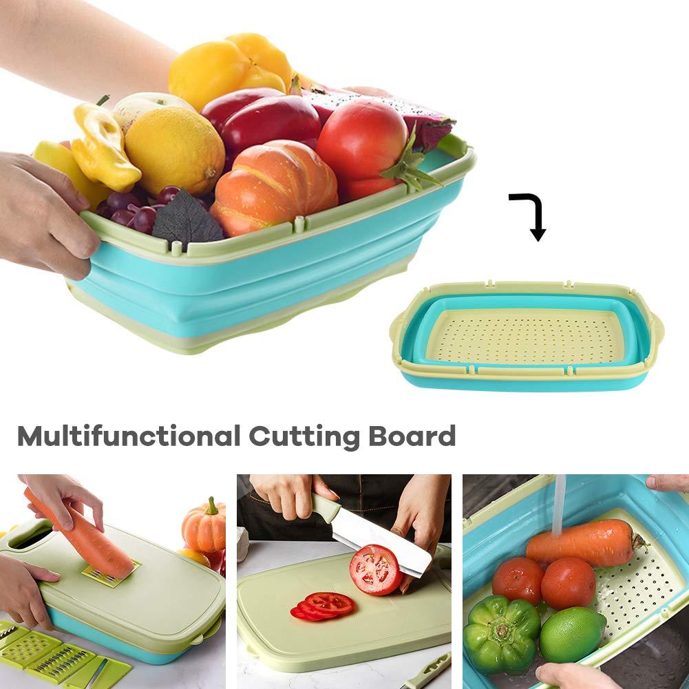 R&M HOME Green Plastic Multi-Functional Folding Cutting Board, 9-in-1 with Grating, Chopping, Slicing, Cutting, and Washing Functions for Vegetables and Fruits, Knife-Safe, Perfect for Kitchen.