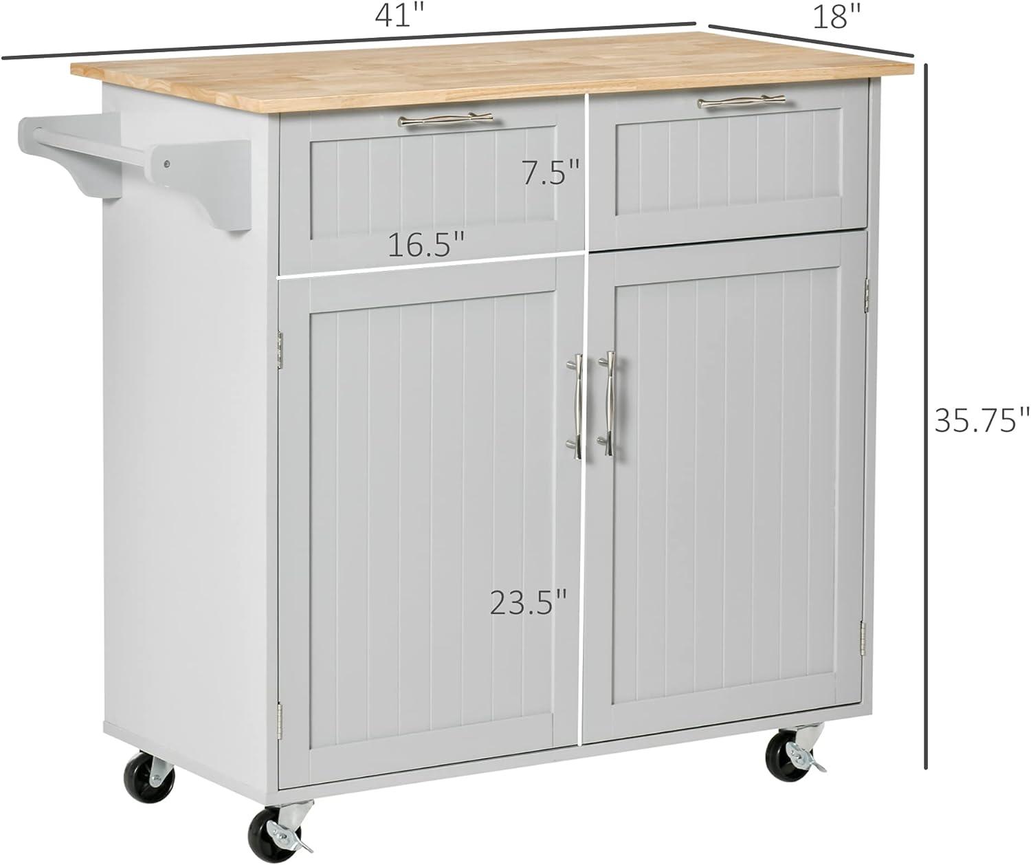 HOMCOM 41" Modern Rolling Kitchen Island on Wheels, Utility Cart Storage Trolley with Rubberwood Top & Drawers, Grey