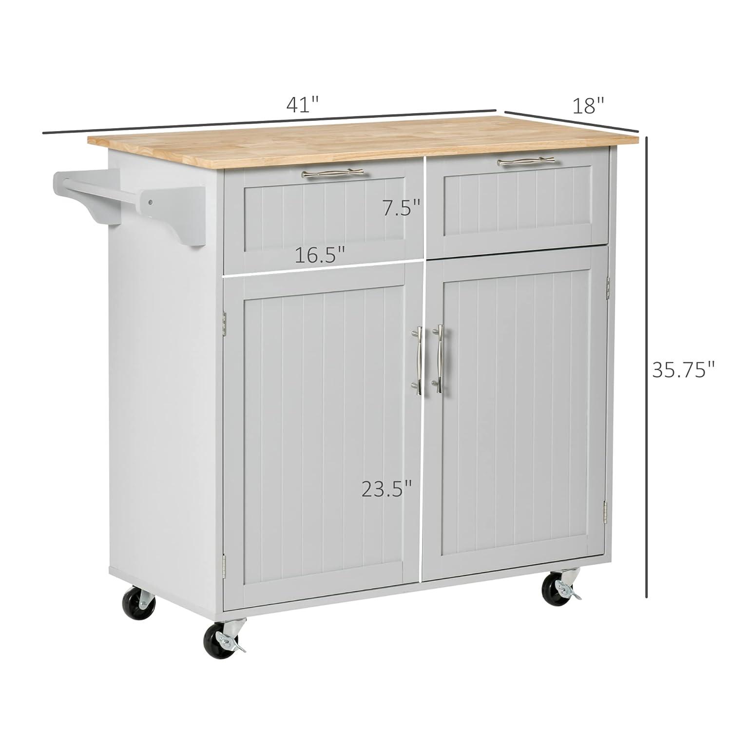 HOMCOM 41" Modern Rolling Kitchen Island on Wheels, Utility Cart Storage Trolley with Rubberwood Top & Drawers, Grey