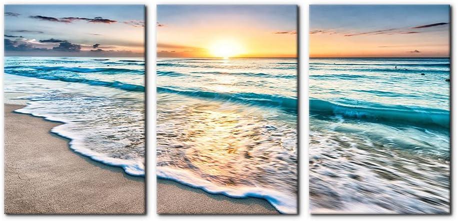 Asdg12s-3 Panel Wall Art Blue Sea Sunset White Beach Painting The Picture Print On Canvas Seascape The Pictures for Home Decor Decoration,Ready to Hang