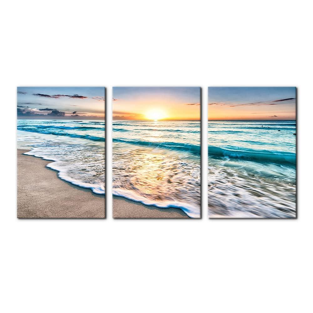 Asdg12s-3 Panel Wall Art Blue Sea Sunset White Beach Painting The Picture Print On Canvas Seascape The Pictures for Home Decor Decoration,Ready to Hang
