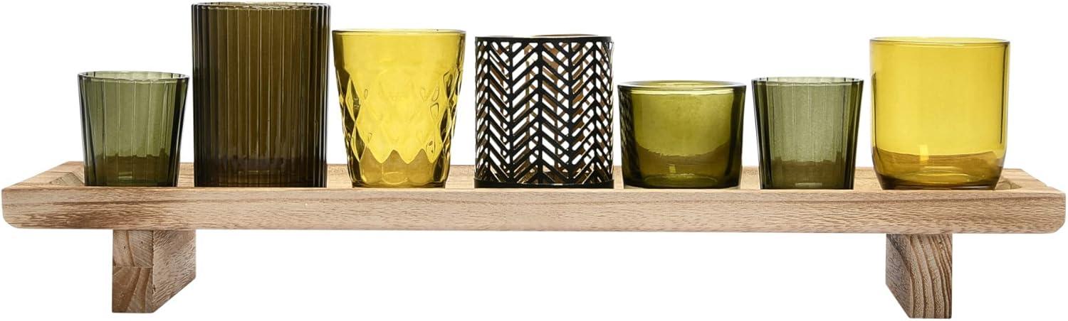 Paulownia Wood Tray with Glass & Metal Votive Holders Set, Green