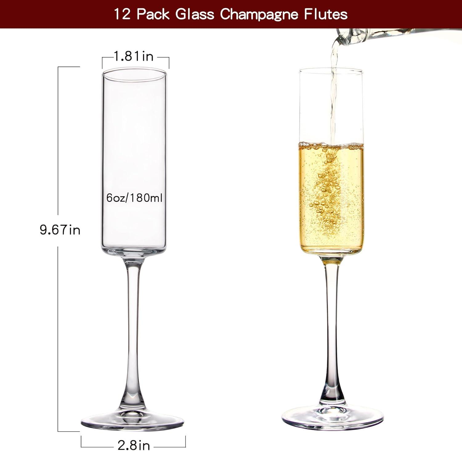 6 Oz Cylinder Champagne Flutes Set of 12 - Elegant Crystal Clear Glassware for Special Occasions - L High Quality and Lead-Free Perfect Gift for Weddings, Anniversaries, and Celebrations Dishwasher|Th