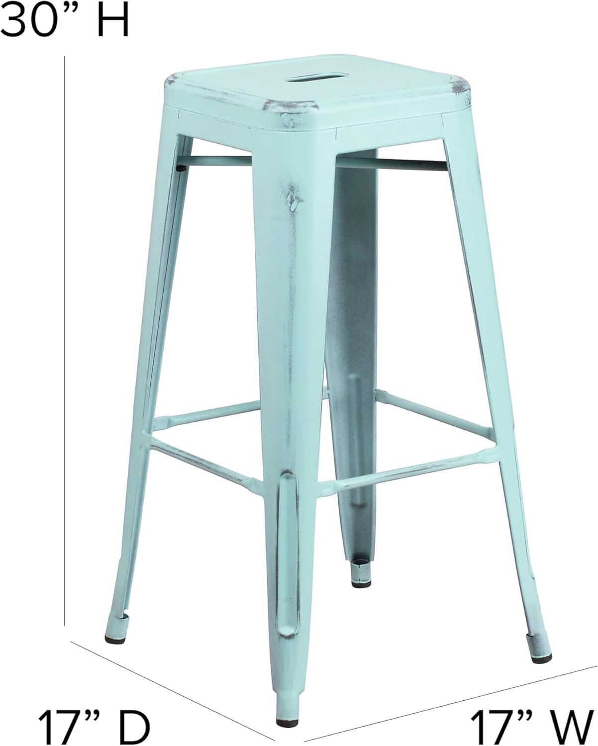 Flash Furniture Commercial Grade 30" High Backless Distressed Green-Blue Metal Indoor-Outdoor Barstool