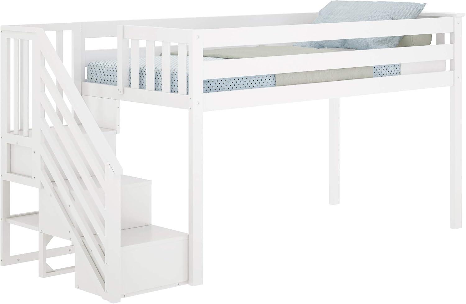 Max & Lily Twin Low Loft Bed with Staircase, White